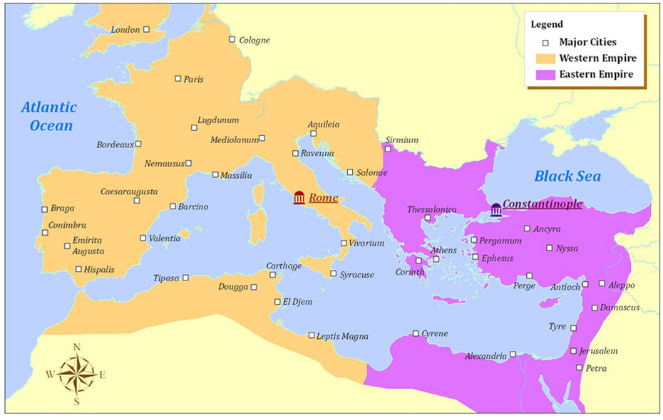 Разделение римской империи на западную и восточную карта