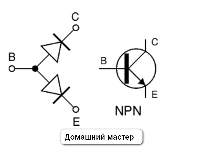 Два транзистора. Транзистора NPN С диодом схема. NPN транзистор диодная схема. Схема проверки транзистора мультиметром. NPN транзистор и стабилитрон.