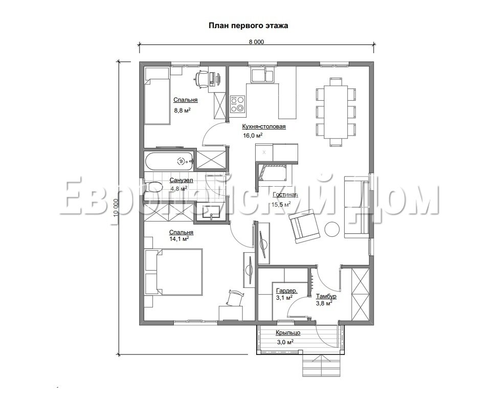 Планировка первого этажа. Фасад дома. Источник фото: dom-bt.com