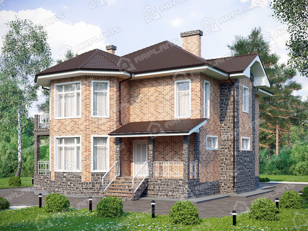 Фото 2 двухэтажного дома из кирпича с 3 спальнями, эркером, балконом и террасой, 190 кв м. Источник arplans.ru Проект К-041