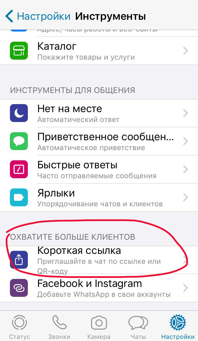 Инструмент "Короткая ссылка" в бесплатном приложение WhatsApp Business на iOS. Обратите внимание — для приложения на Android меню настроек может выглядеть немного по-другому.