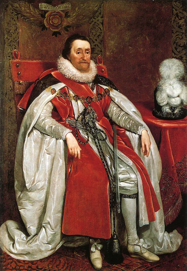Портрет Якова I Английского (годы правления 1603–1625) 1621 года работы Дэниела Митенса. Король носит знаки отличия Ордена Подвязки. 
Национальная портретная галерея, Лондон.