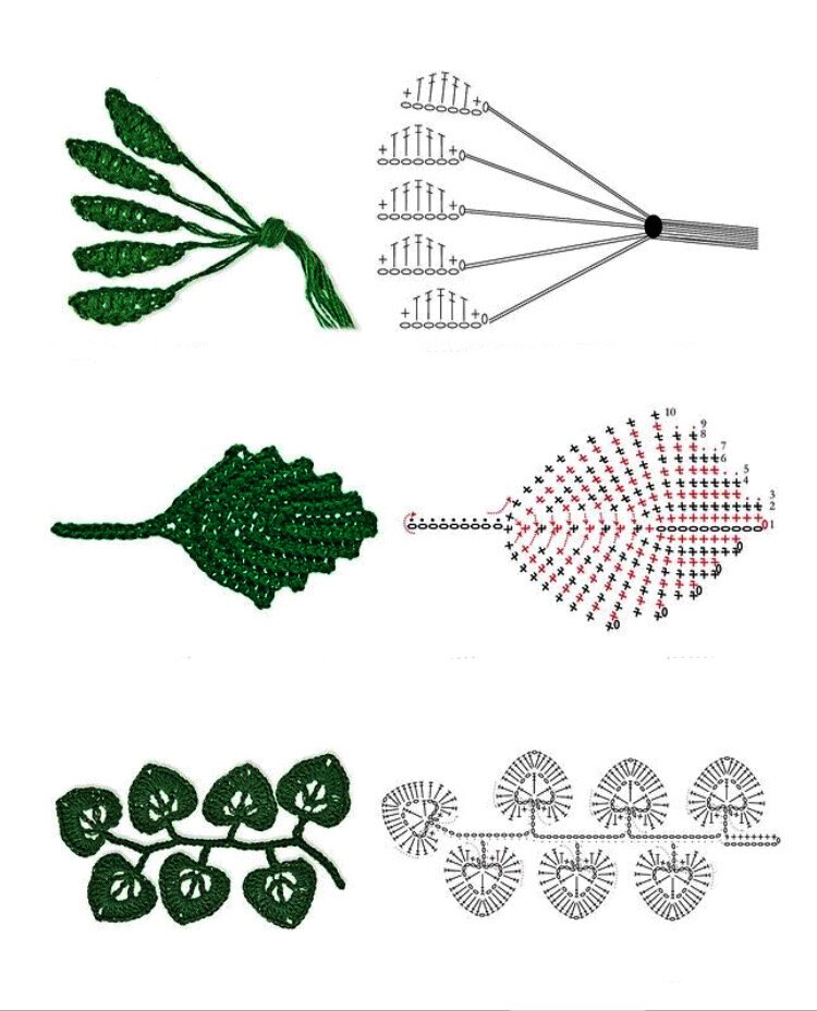 Листики и цветочки крючком со схемами