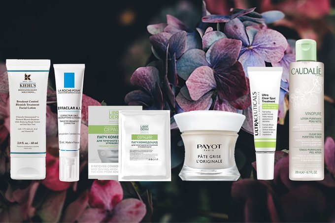 Лосьон для сокращения и предупреждения несовершенств кожи Breakout Control Blemish Treatment Facial Lotion, Kiehl’s; корректирующее средство локального действия Effaclar A.I., La Roche-Posay; патч-комедоцид для точечного устранения угревой сыпи «Серацин», Libre Derm; мазь против акне Pâte Grise L’Originale, Payot;корректирующее средство локального действия Ultra Clear Spot Treatment, Ultraceuticals; очищающий тоник Vinopure, Caudalie