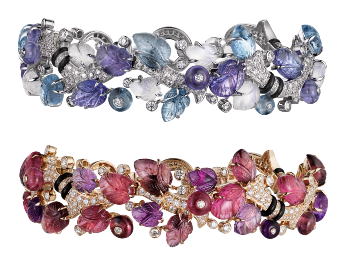 Резная коллекция от Cartier. Сверху браслет: аквамарины, танзаниты, лунные камни, оникс, бриллианты, белое золото. Снизу браслет: рубеллиты (турмалины), аметисты, гранаты, оникс, бриллианты, розовое золото. Статьи выходят каждый день после 18:00 по мск. Источник: cartier.com