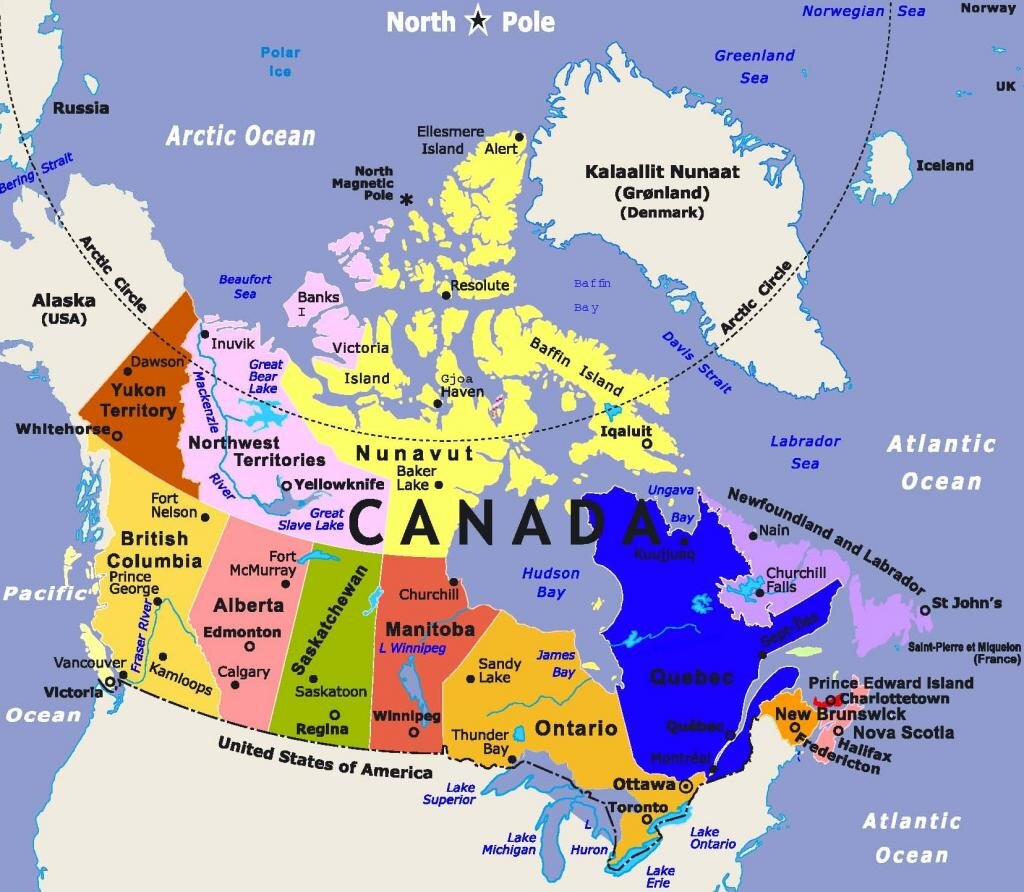 Провинции и территории канады. Политическая карта Канады. Границы Канады на карте. Карта Канады географическая крупная. Штаты Канады на карте.