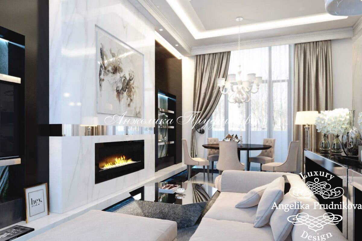 На фото: Интерьер гостиной-столовой в квартире на Воробьевых горах в Москве