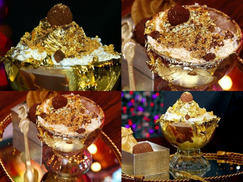 28 видов какао-бобов, 14 из которых являются наиболее дорогими в мире. Также огромное количество съедобного золота, которое и составляет основную стоимость этого десерта. На дне блюда при должном везении можно найти браслет из золота в 18 каратов. Золотую ложку можете забрать с собой.