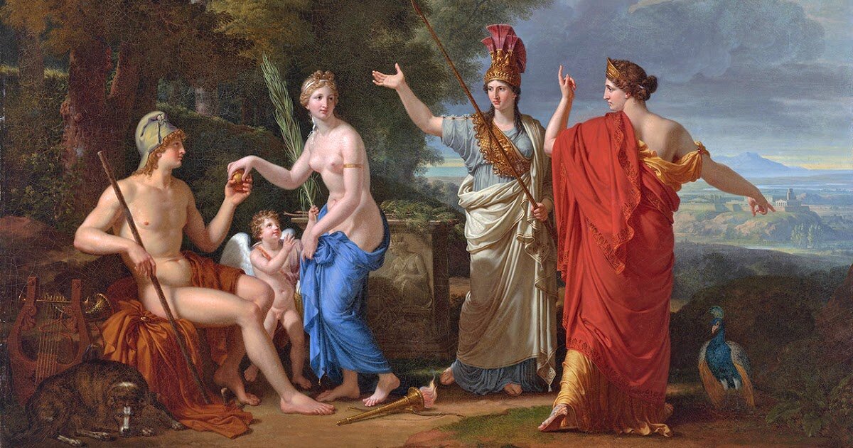 Пастух решает кто достоин яблока, на котором начертано "Красивейшей". Претендентки: Афина, Гера, Афродита. Пастух выбирает Афродиту. 