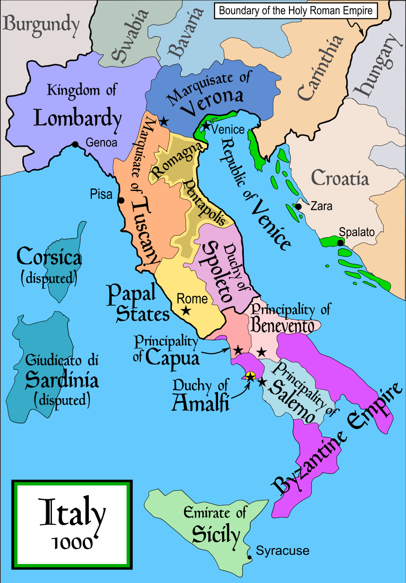Италия на рубеже тысячелетий. Источник: https://commons.wikimedia.org/wiki/File:Italy_1000_AD.svg?uselang=ru