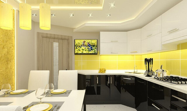 Желтый потолок в кухне
