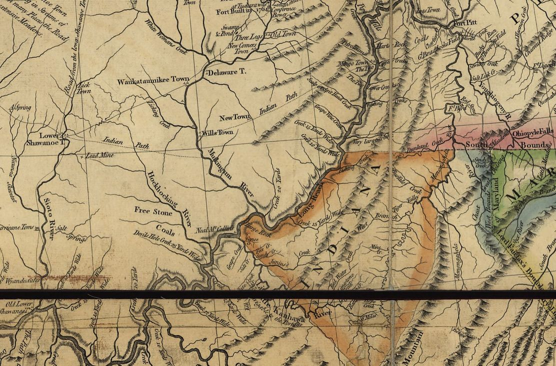 Участок карты 1777 года, верхнее течение реки Огайо, от устья Скиото (нжней левый угол), до форта Питт у слияния Мононгахилы и Алегейни