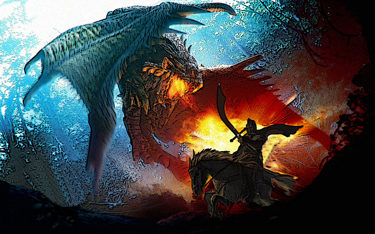 Битва Богумира с драконом. Коллаж по рис. из мира фэнтази.