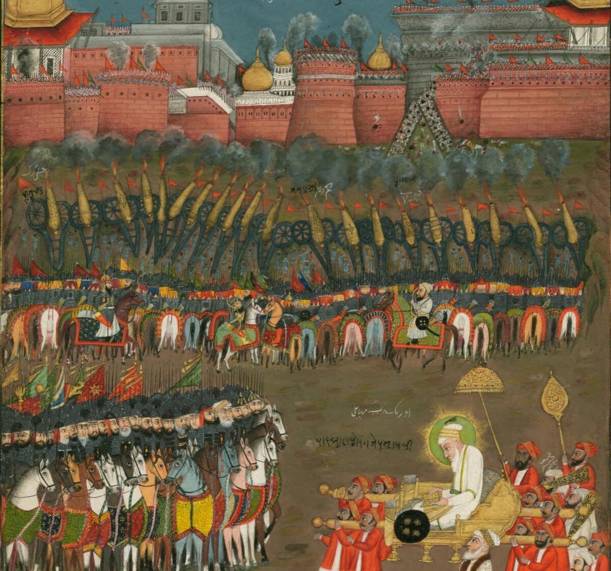 Император Аурангзеб (1618-1707) во время осады Голконды армией Великих Моголов в 1687 году. Индия, 1750-1790. Библиотека Конгресса, США.