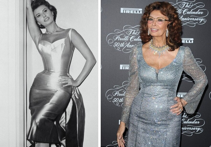 Свои стройные параметры эта итальянская дива сохраняет на протяжении всей жизни. Фото слева - Софи Лорен в 1950-е годы, справа - около 2006 года.