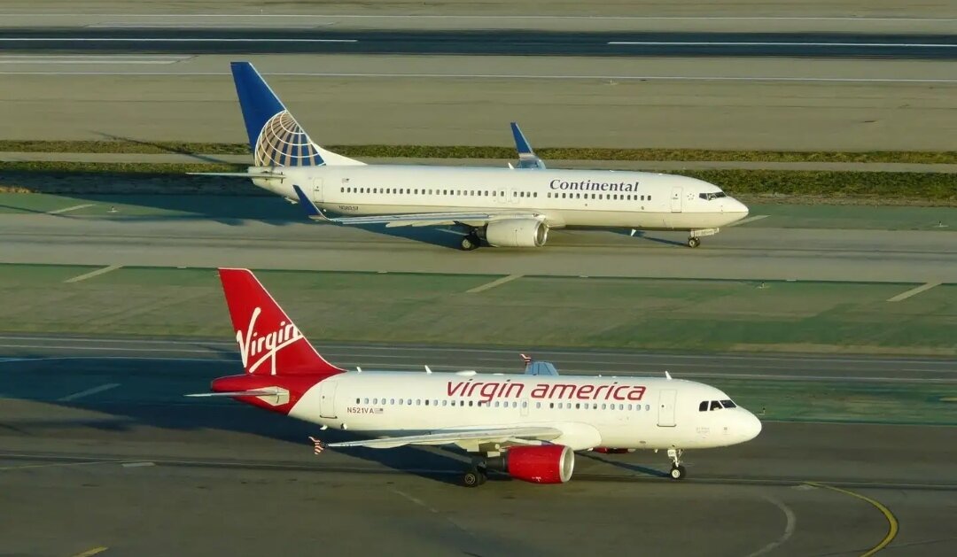 Boeing B737 (Continental), Airbus A319 (Virgin America). Фото из открытых источников
