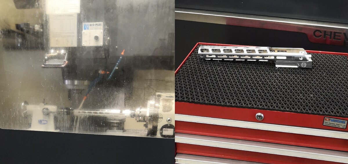 Обработка металла на станке с ЧПУ и результат - элемент тюнинга в виде цевья-квадрейла. Осталось лишь сделать галтовку и отправить на покрытие 