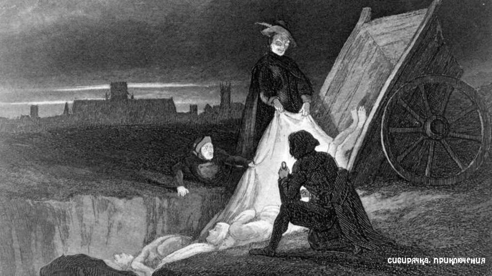 Трупы сбрасывают в чумную могилу (иллюстрация 1885 года)