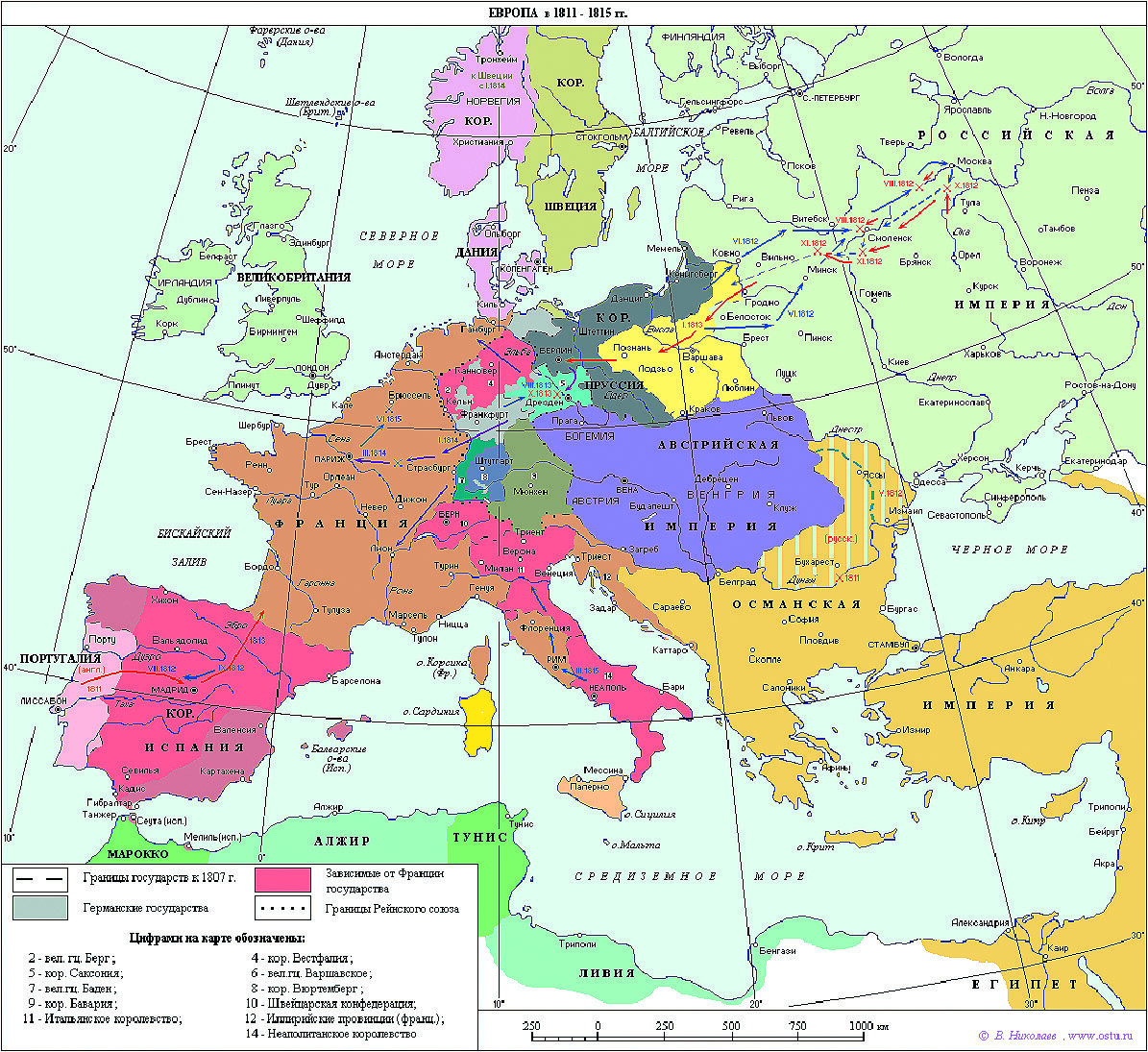 Политическая карта Европы в 1811-1814 гг.
