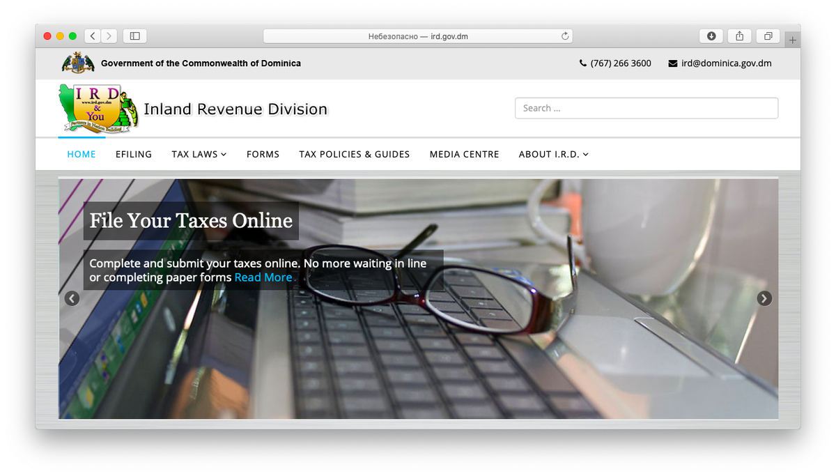 Так выглядит портал налоговой Доминики : можно подать заявление на такс-айди, декларацию онлайн и узнать даты уплаты налогов