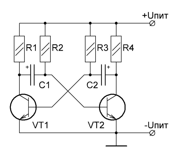 Рис 1. Классический мультивибратор на двух биполярных транзисторах.
