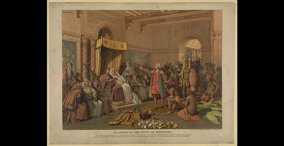 Христофор Колумб в 1493 году представляет королю Фердинанду и королеве Изабелле привезенных им индейцев.
