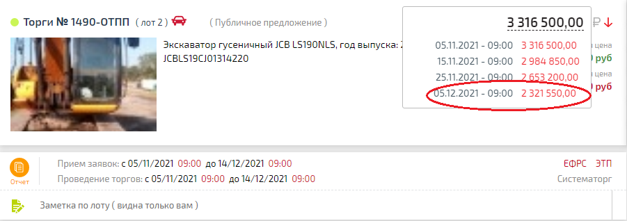 График падения цены на экскаватор гусеничный JCB LS190NLS, 2011 года выпуска