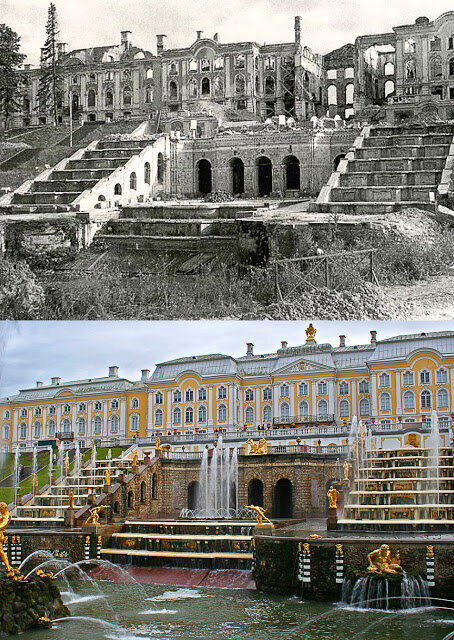 Петергоф, Большой дворец, Ленинград. 1943 год и сегодня