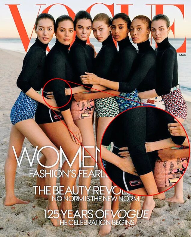 Обложка американского VOGUE за март месяц была посвящена моделям разных типажей и эпох. Так, наравне с худышками Кайли Дженнер, Джиджи Хадид, Имааной Хаммам, Витторией Черетти, Адвоа Абоа и Лю Вэнь, в известном на весь мир журнале появилась плюс-сайз модель Эшли Грэм. Вот только с рукой стоящей возле Эшли Джиджи Хадид явно что-то не так. Она была  какой-то подозрительно длинной и как бы прикрывающей лишние сантиметры на талии Эшли...