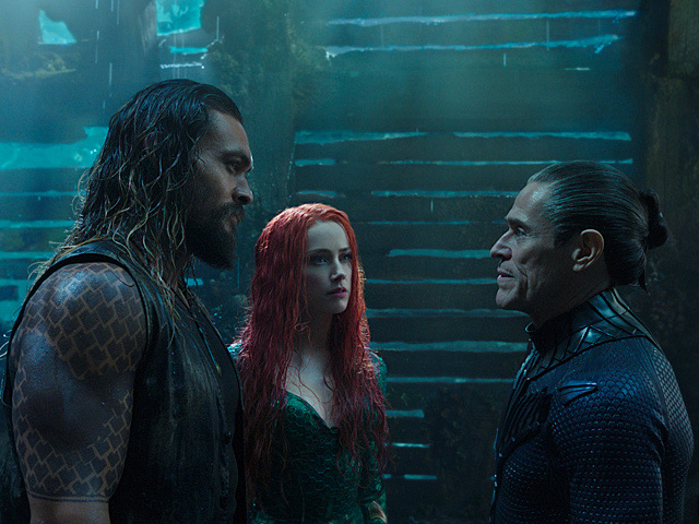 Джейсон Момоа (Аквамен), Эмбер Хёрд (Мера) и Уиллем Дефо (Вулко)