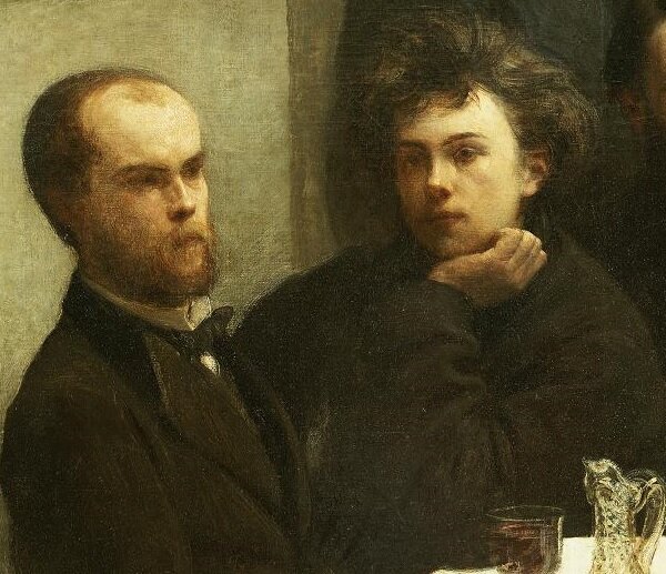 Анри Фантен-Латур "Угол стола", фрагмент. Поль Верлен и Артюр Рембо