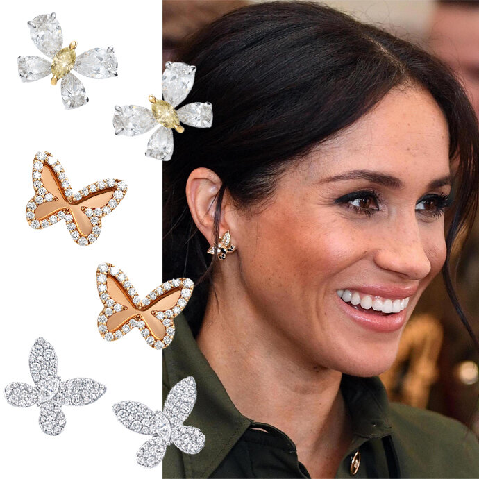 Меган Маркл в серьгах, доставшихся ей в наследство от принцессы Дианы || Серьги Mercury Classic, серьги Messika Butterfly и серьги Graff Butterfly