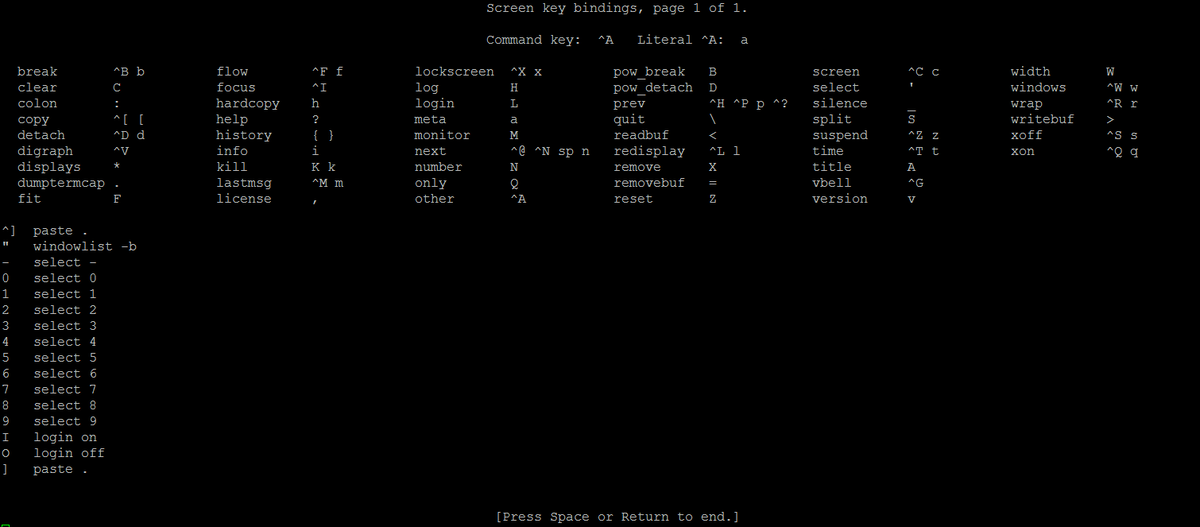 screen список доступных вам команд