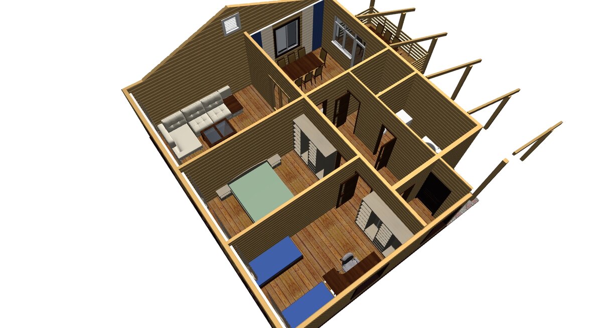 Дом небольшой, 9х10 м., из бруса, общей площадью 95 кв.м. с навесом и террасой ??