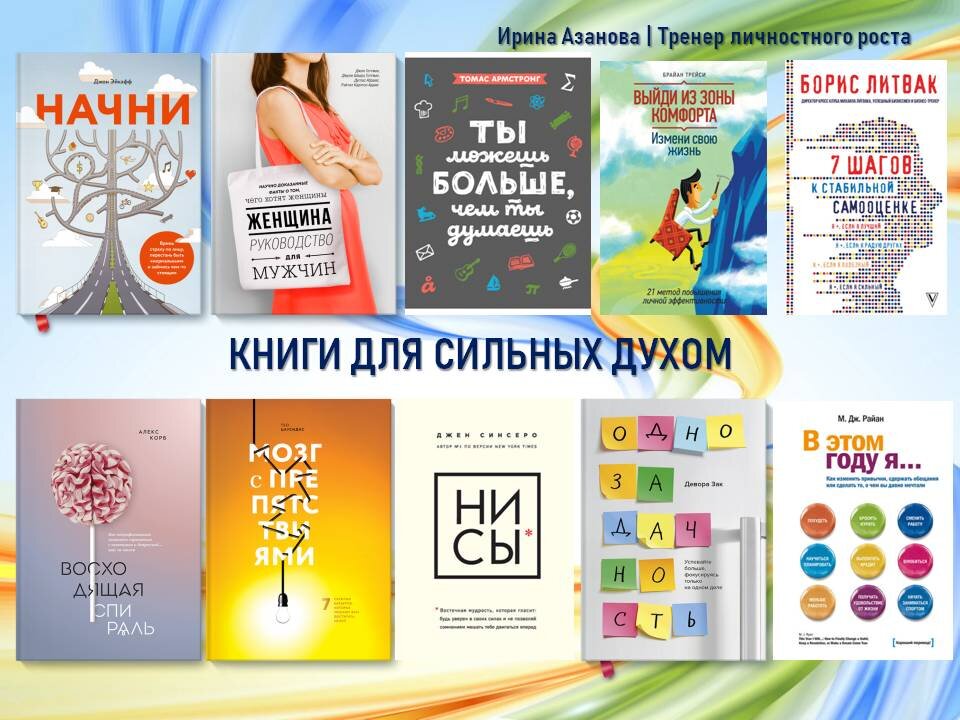 ТОП-10 КНИГИ ДЛЯ СИЛЬНЫХ ДУХОМ Я собрала для вас книги, которые помогут поверить в собственные силы, по-другому взглянуть на себя и найти источник внутренней силы.
Ну что ж, начнем!
#Азановарекомендует #Азановатренер #Книжныйгуру #Книгидлясильныхдухом #книжнаясуббота