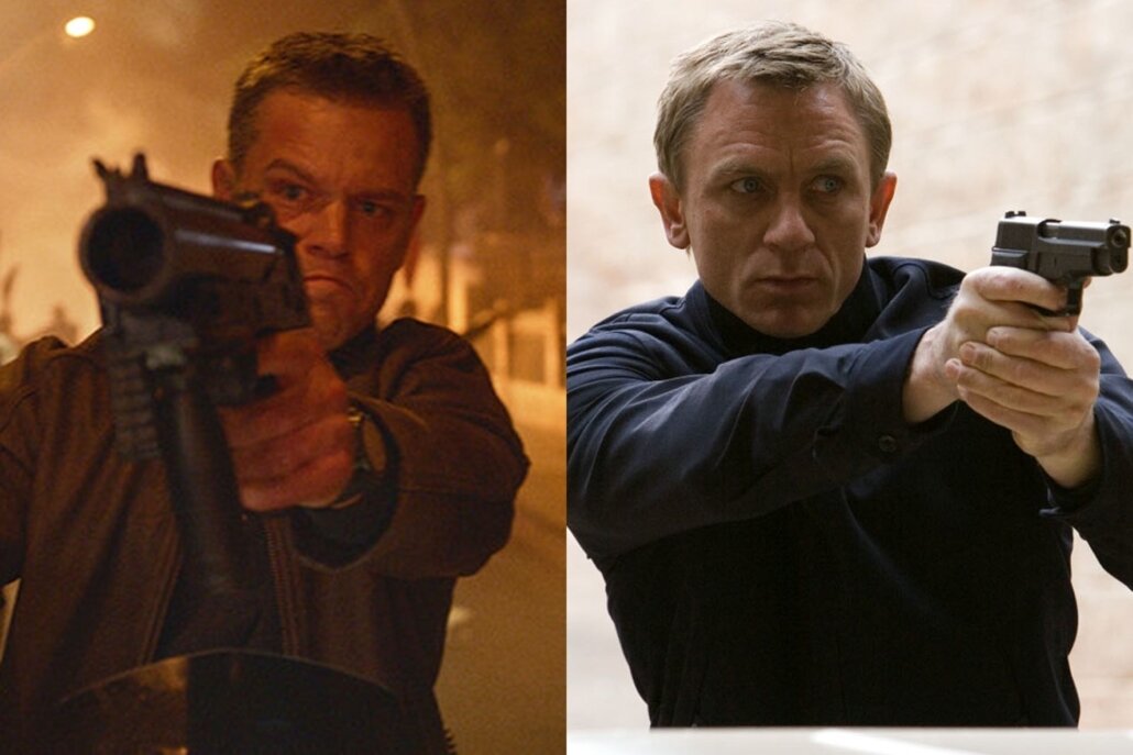 Слева Джейсон Борн в исполнении Мэтта Дэймона. Справа Джеймс Бонд в исполнении Дэниэла Крэйга.
