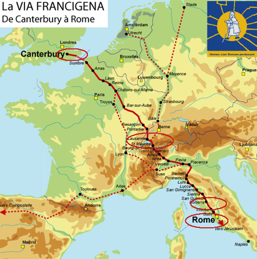 Via map. Дорога франков Италия. Via Francigena маршрут. Путь франков. Via Francigena карта.