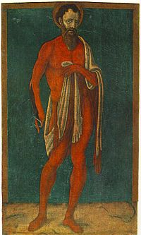 Варфоломей на картине Маттео ди Джованни изящно держит в руках не накидку, а собственную кожу