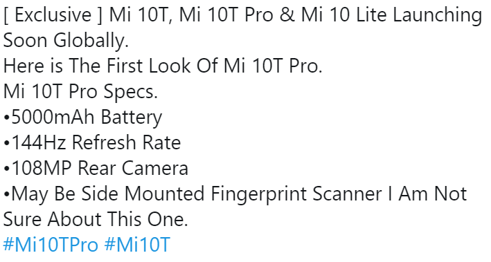 Характеристики Mi 10T - источник https://twitter.com/yabhishekhd/status/1298633890655948801