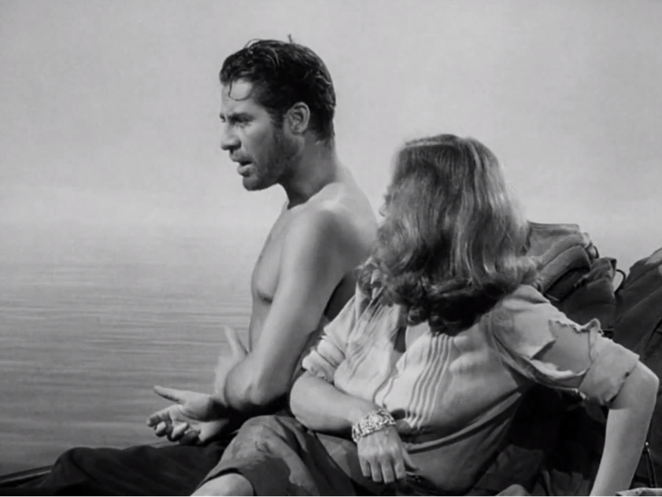 Джон Ходяк в роли Джона Ковака, Таллула Бэнкхэд в роли Кони, кадр из фильма «Спасательная шлюпка», реж. Альфред Хичкок, 1944