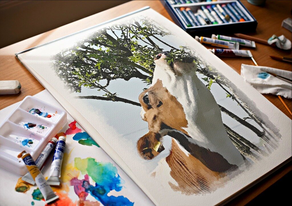 Фото взято здесь: https://pixabay.com/ru/photos/корова-питание-листья-дерево-5047994/ Обработка автора канала