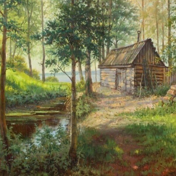 Банька на берегу реки, картина неизвестного художника