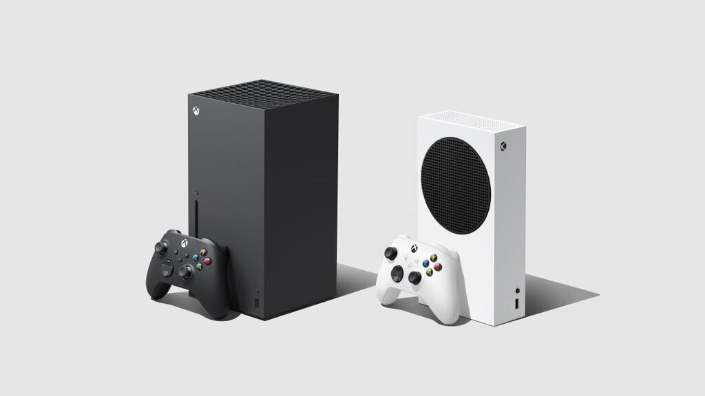 Новые игровые приставки Microsoft Xbox Series X (слева) и Xbox Series S с контроллером Xbox.