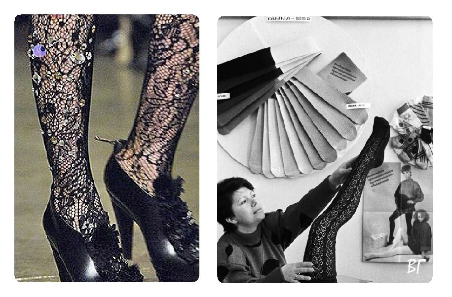 Мои первые колготки с рисунком были на подобие тех, что слева. А справа - фото из журнала 1990 г, с рекламой отечественный продукции