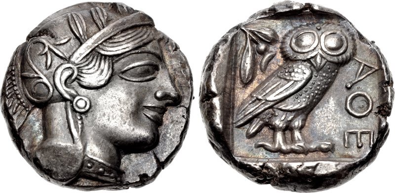 Афины . 454-404 гг. До н. Э. AR Tetradrachm (16,85 г). Голова Афины в шлеме / ΑΘΕ, сова стоит справа; оливковая веточка и полумесяц сверху. http://www.cngcoins.com/Coin.aspx?CoinID=288422