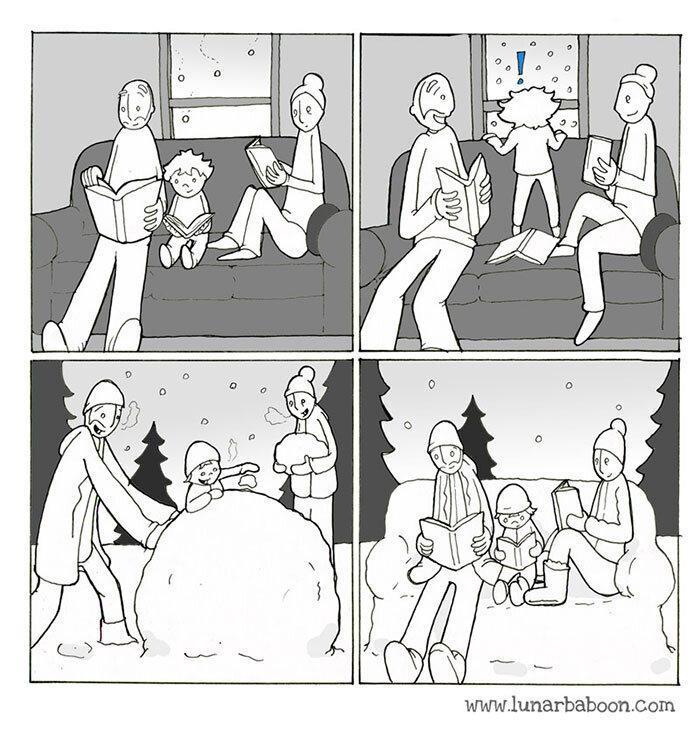Снежки, санки и лепка снеговика  7 комиксов про зимние забавы от разных авторов, снежки.