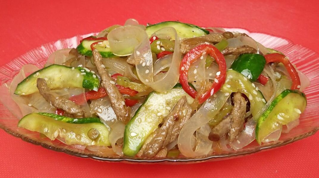 Салат фунчоза с овощами и мясом по-корейски рецепт