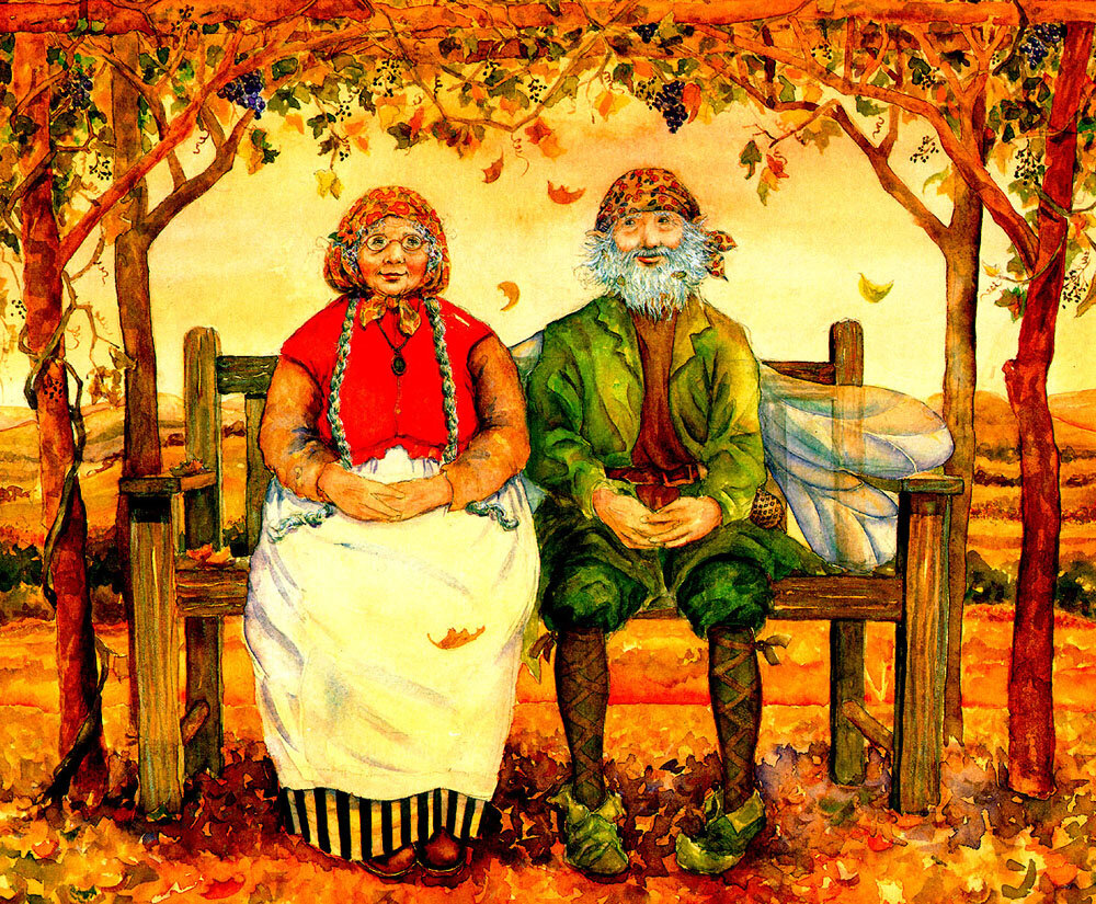 Жилье старика и старухи. Пожилые люди в живописи. Старики живопись. Дед и бабка на скамейке. Изображение бабушки и дедушки.