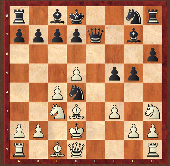 Рисунок 2. Король белых уязвим в центре, логично в данной позиции заняться его раскрытием, то есть открыть как можно больше полей вокруг короля белых с целью проведения матовой атаки.