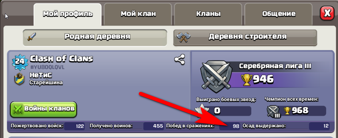 Стрелкой указано, где в профиле можно посмотреть количество успешных атак.